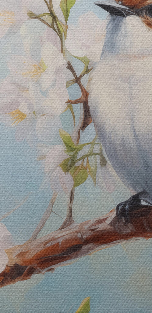 Two birds on a branch with white flowers
