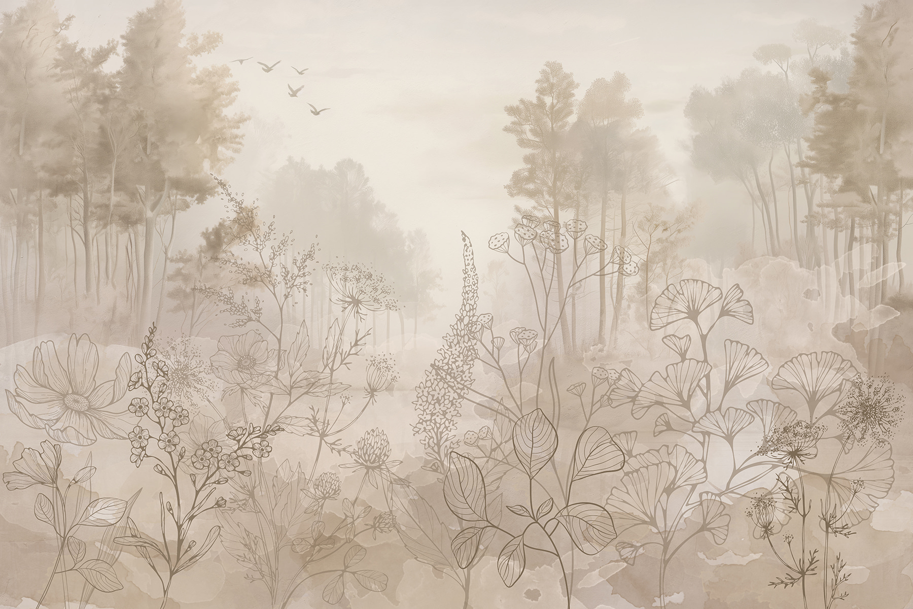 Foggy landscape with trees and plants