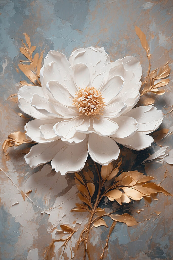 White flower with metallic leaves White flower with metallic leaves