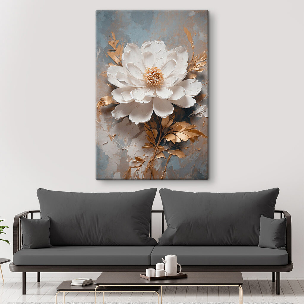 White flower with metallic leaves White flower with metallic leaves