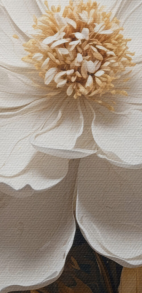 White flower with metallic leaves White flower with metallic leaves