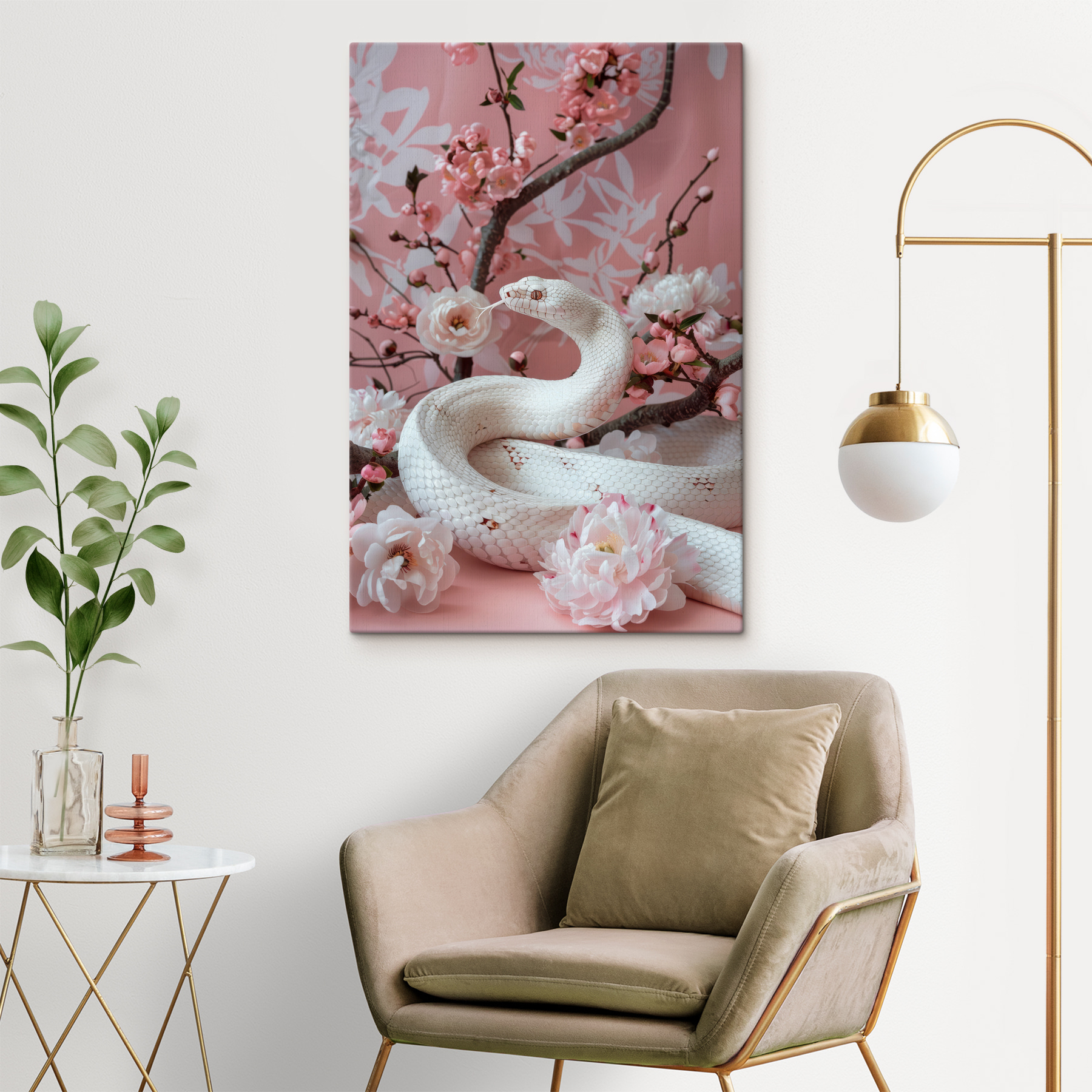 White snake with pink flowers White snake with pink flowers