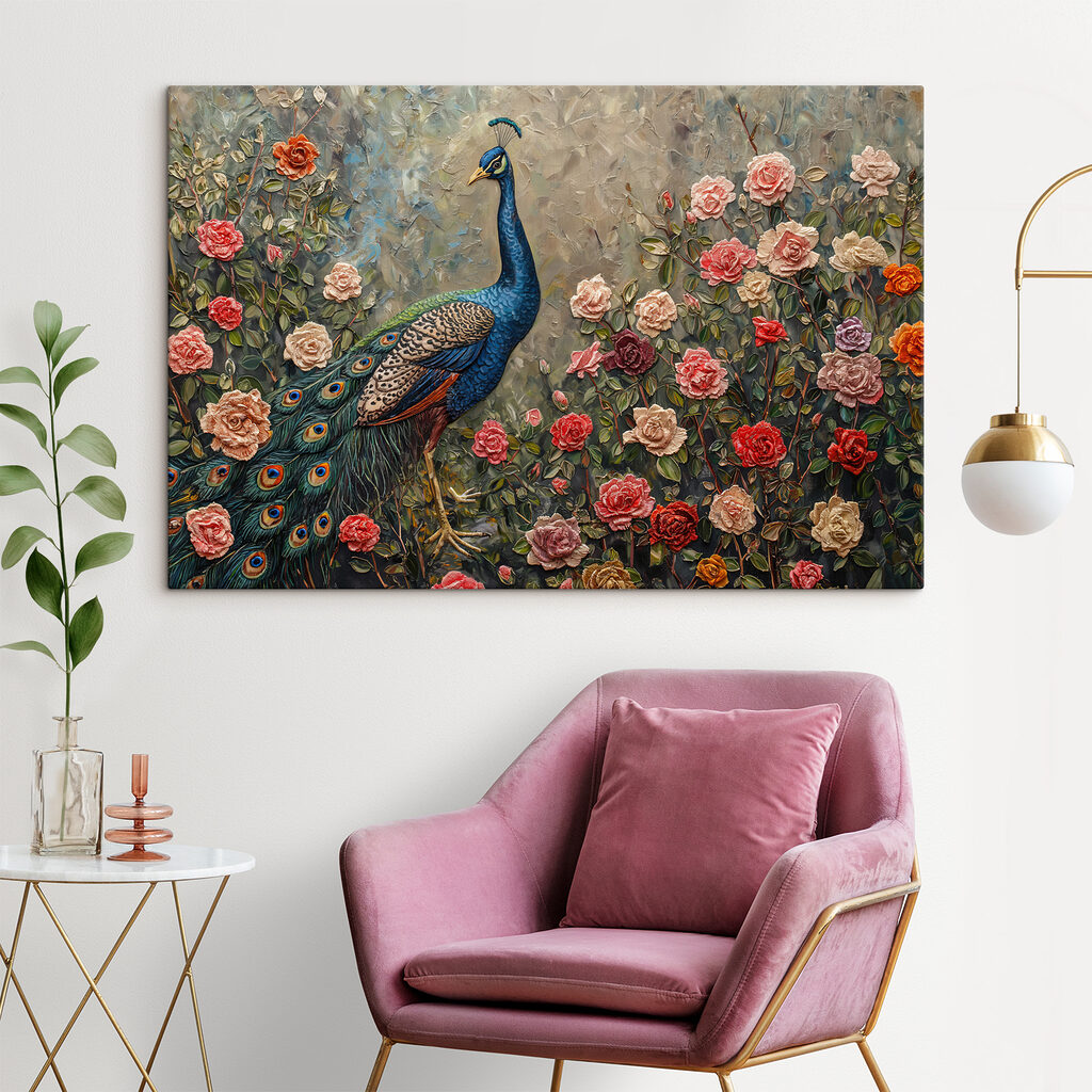 Painting of a peacock surrounded by flowers