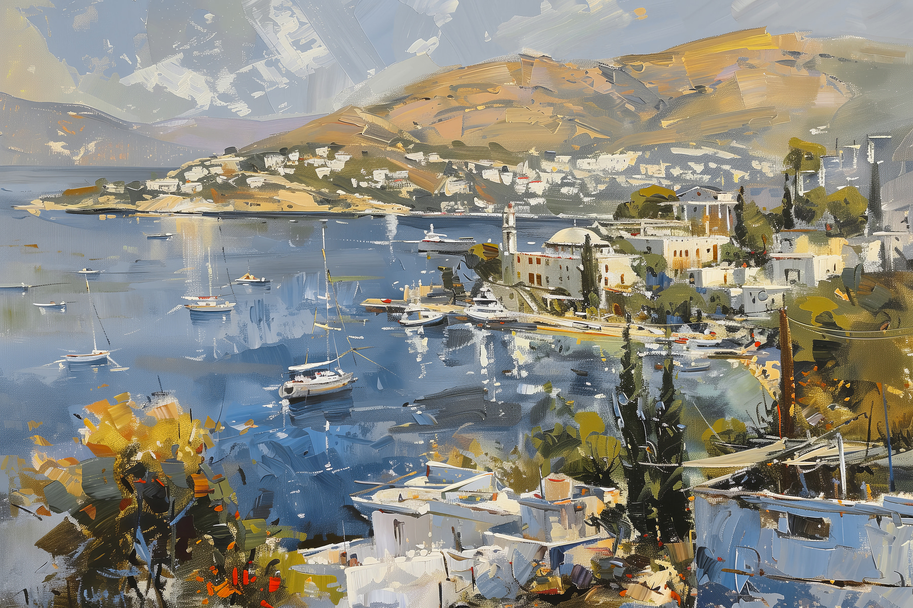 Painting of a city and a body of water Painting of a city and a body of water