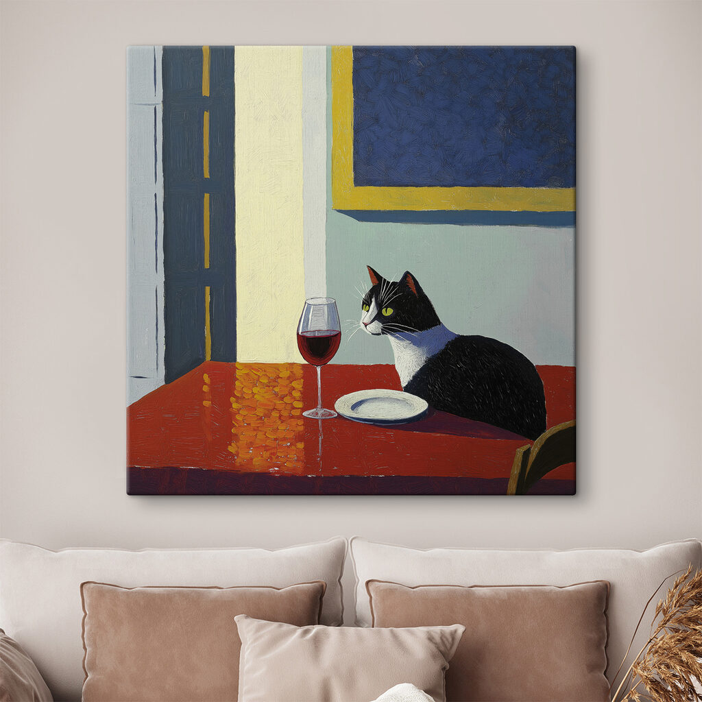 Cat sitting at a table with a plate and a plate