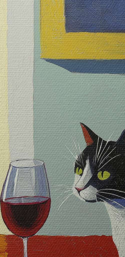 Cat sitting at a table with a plate and a plate