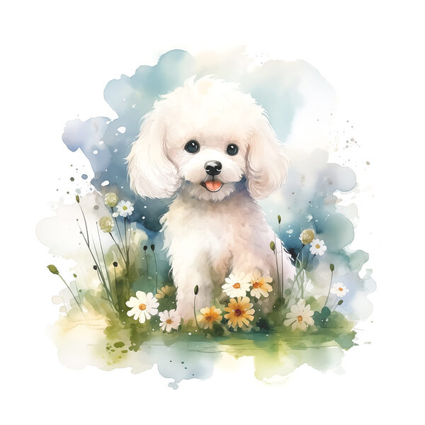 White dog sitting in a field of flowers White dog sitting in a field of flowers