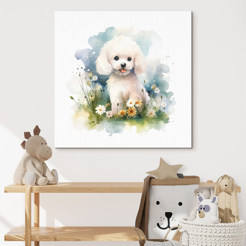 White dog sitting in a field of flowers White dog sitting in a field of flowers