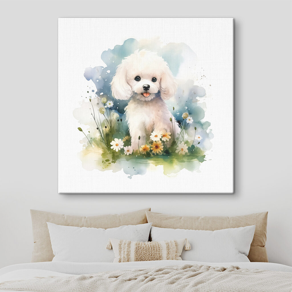 White dog sitting in a field of flowers White dog sitting in a field of flowers