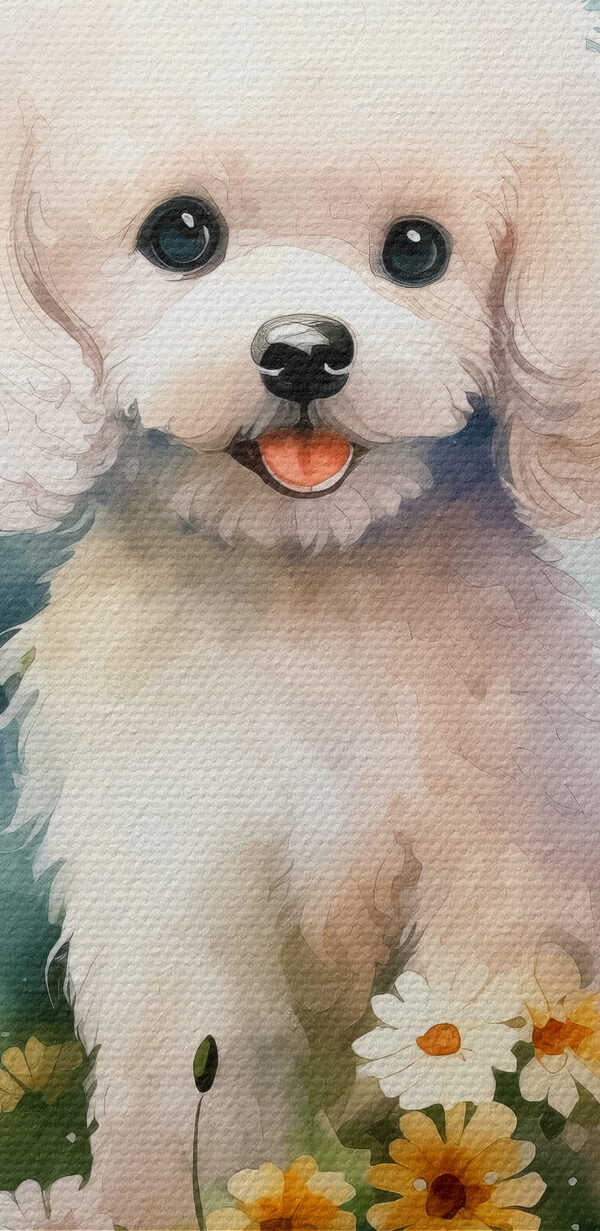 White dog sitting in a field of flowers White dog sitting in a field of flowers