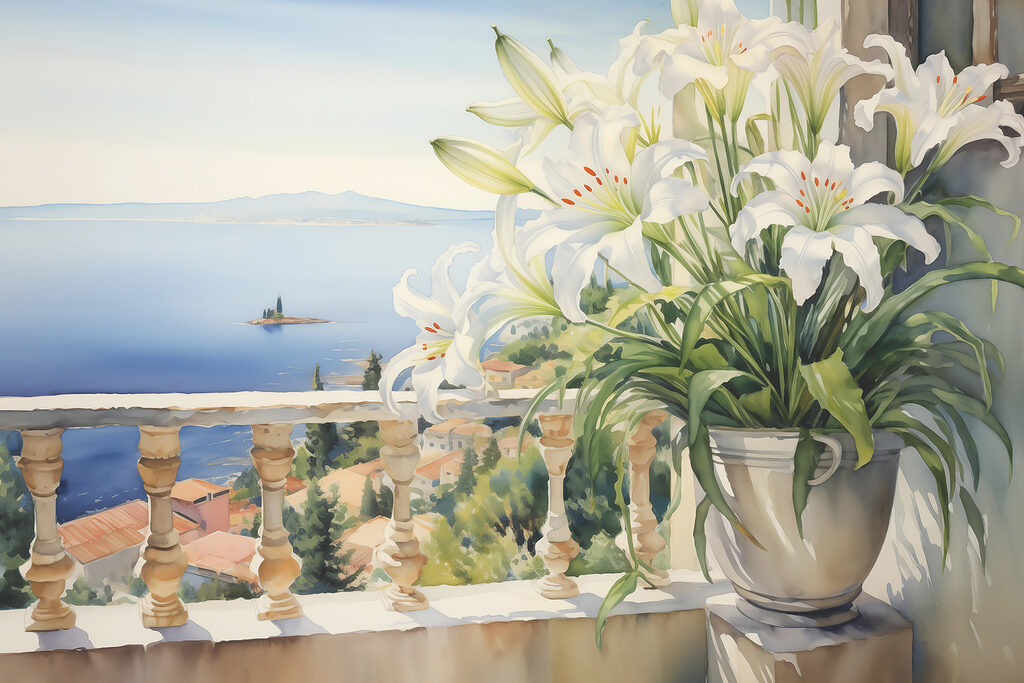 Painting of a balcony with a view of a city and a sea