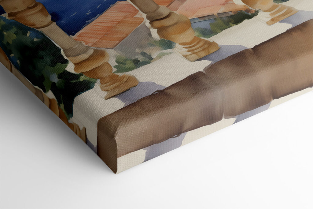 Painting of a balcony with a view of a city and a sea