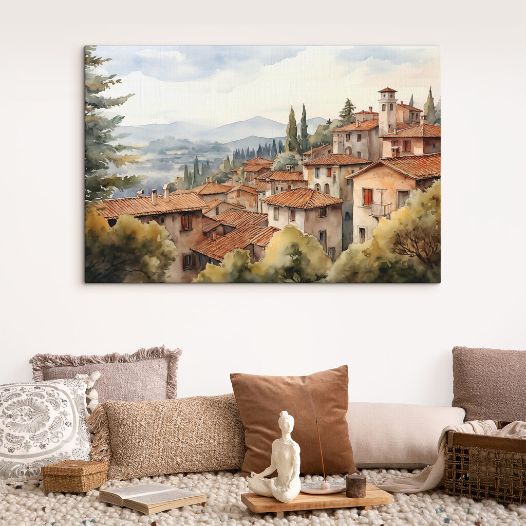 Watercolor painting of a town with many buildings and trees Watercolor painting of a town with many buildings and trees