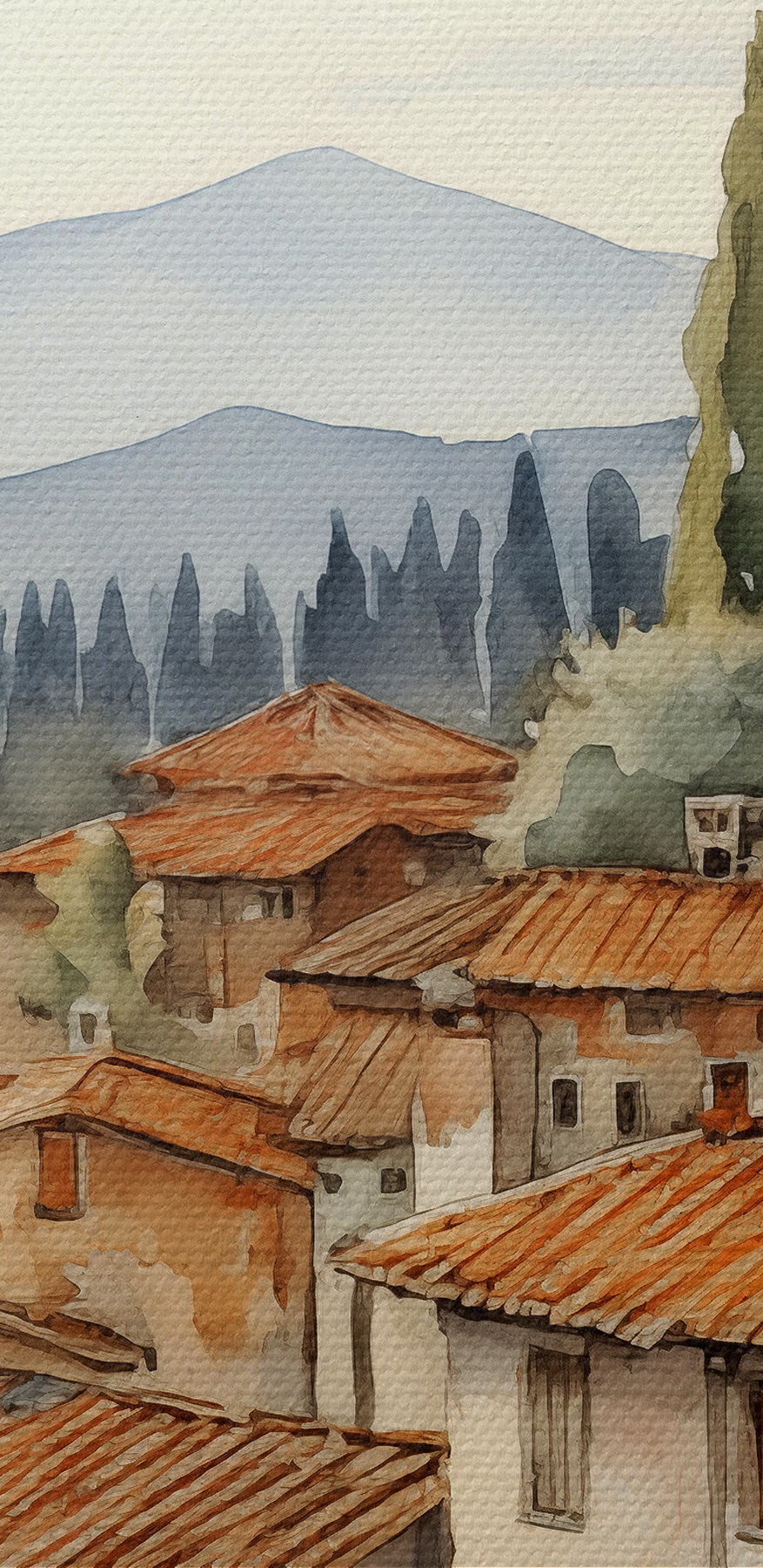 Akvarelová maľba mesta s mnohými budovami a stromami Akvarelová maľba mesta s mnohými budovami a stromami