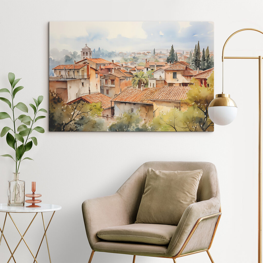 Watercolor of a town with many buildings and trees