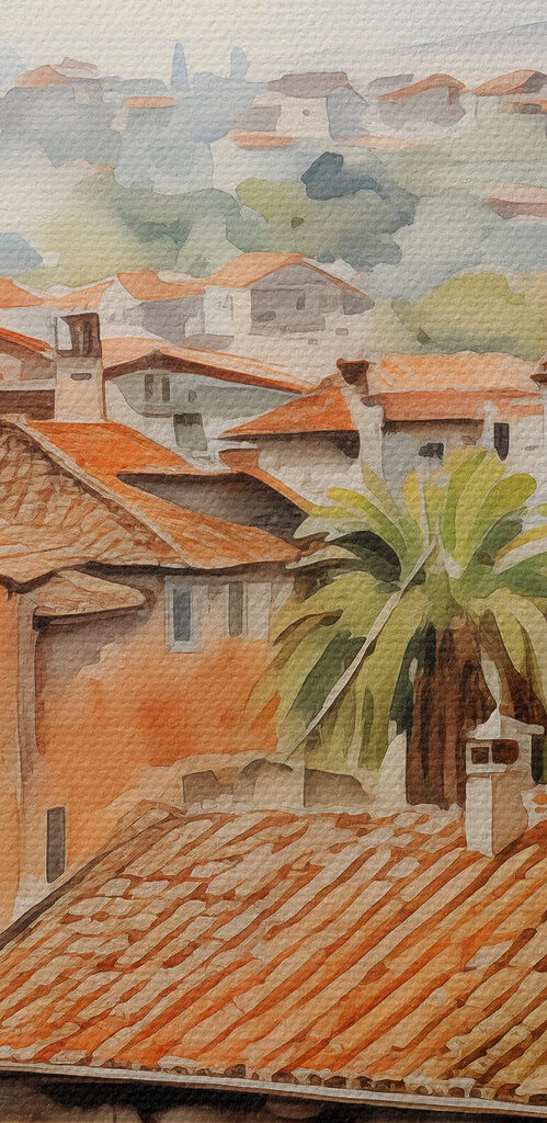 Watercolor of a town with many buildings and trees