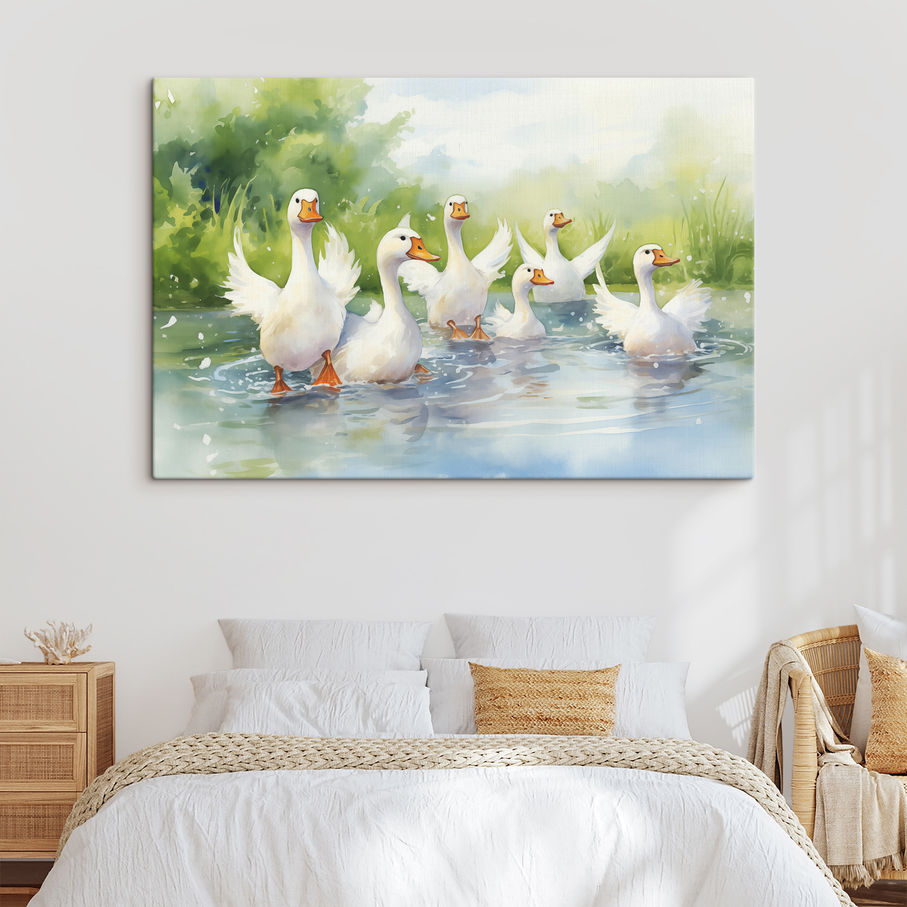 Group of white ducks swimming in water