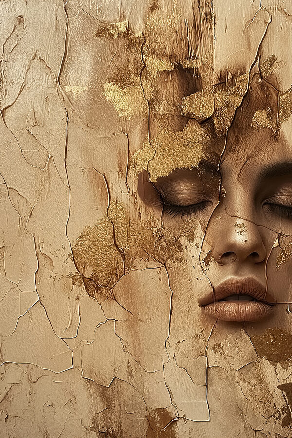 Cracked surface reveals serene face