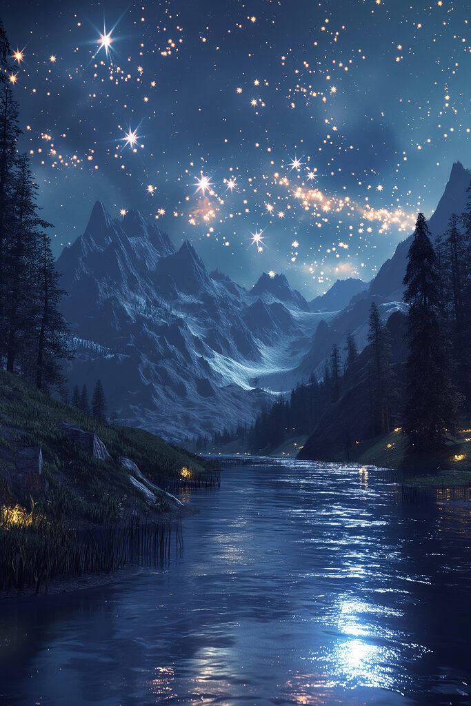 River with a mountain and stars in the sky