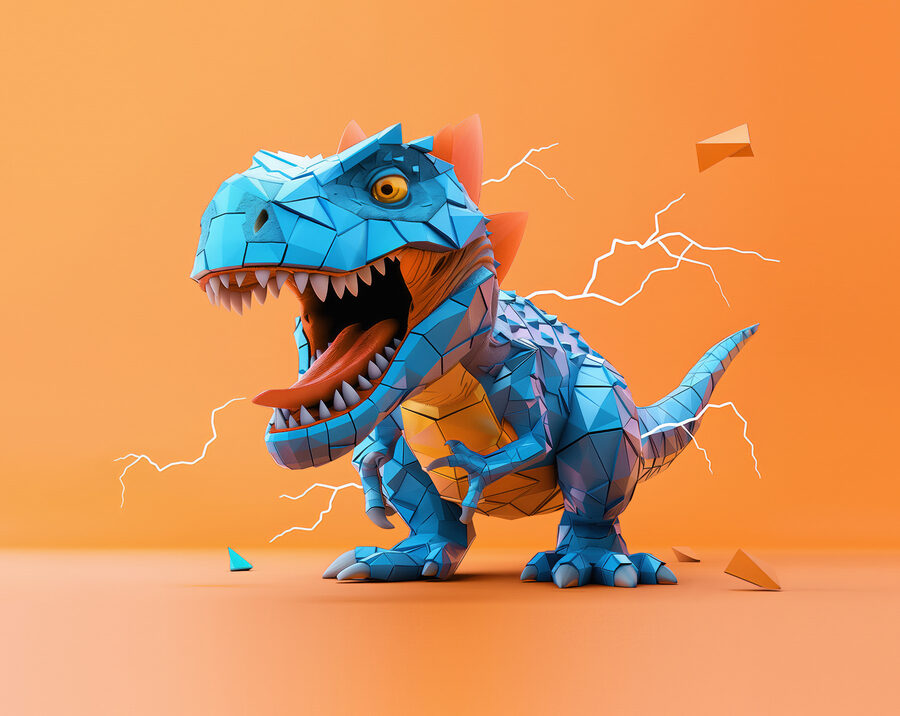 Modrý dinosaurus s vychádzajúcim bleskom