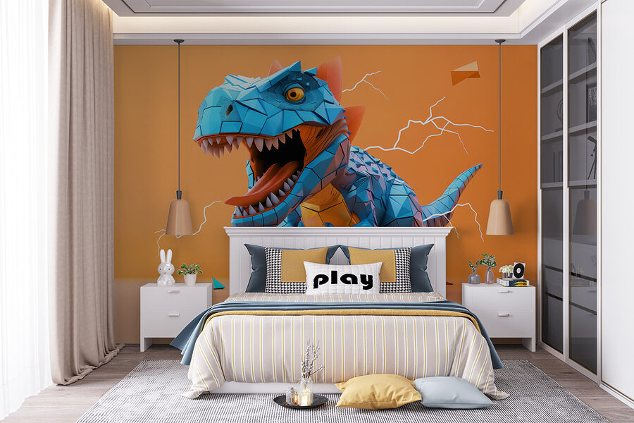 Modrý dinosaurus s vychádzajúcim bleskom