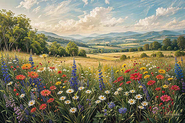 Field of flowers with mountains in the background