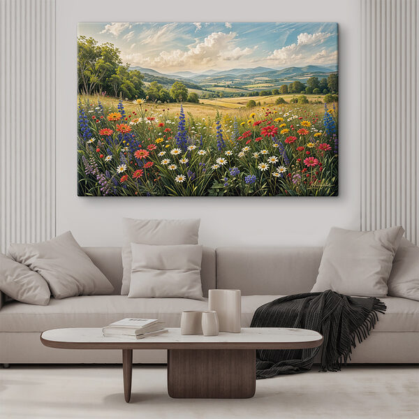 Field of flowers with mountains in the background