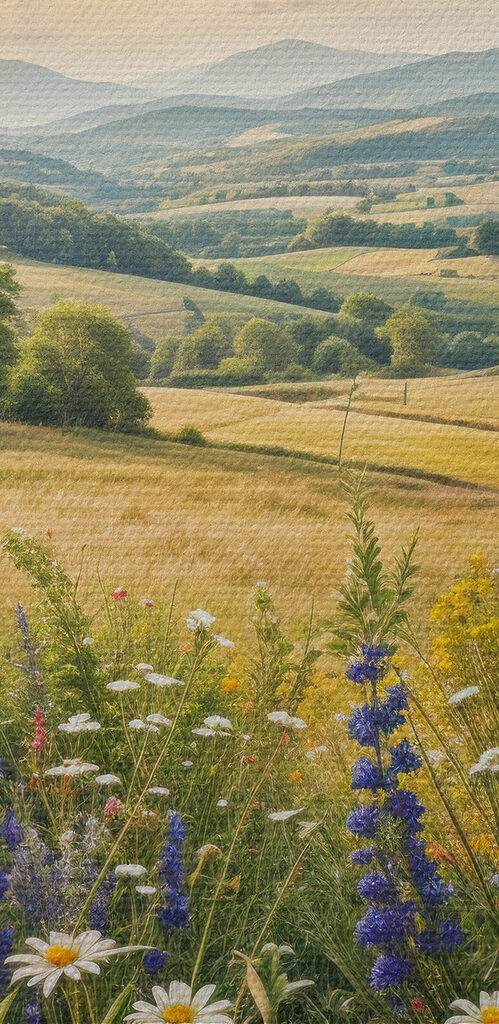 Field of flowers with mountains in the background