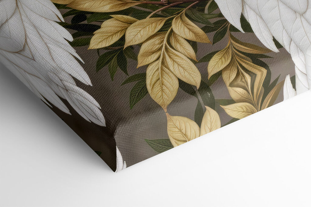 Couple of white peacocks on a branch with flowers Couple of white peacocks on a branch with flowers