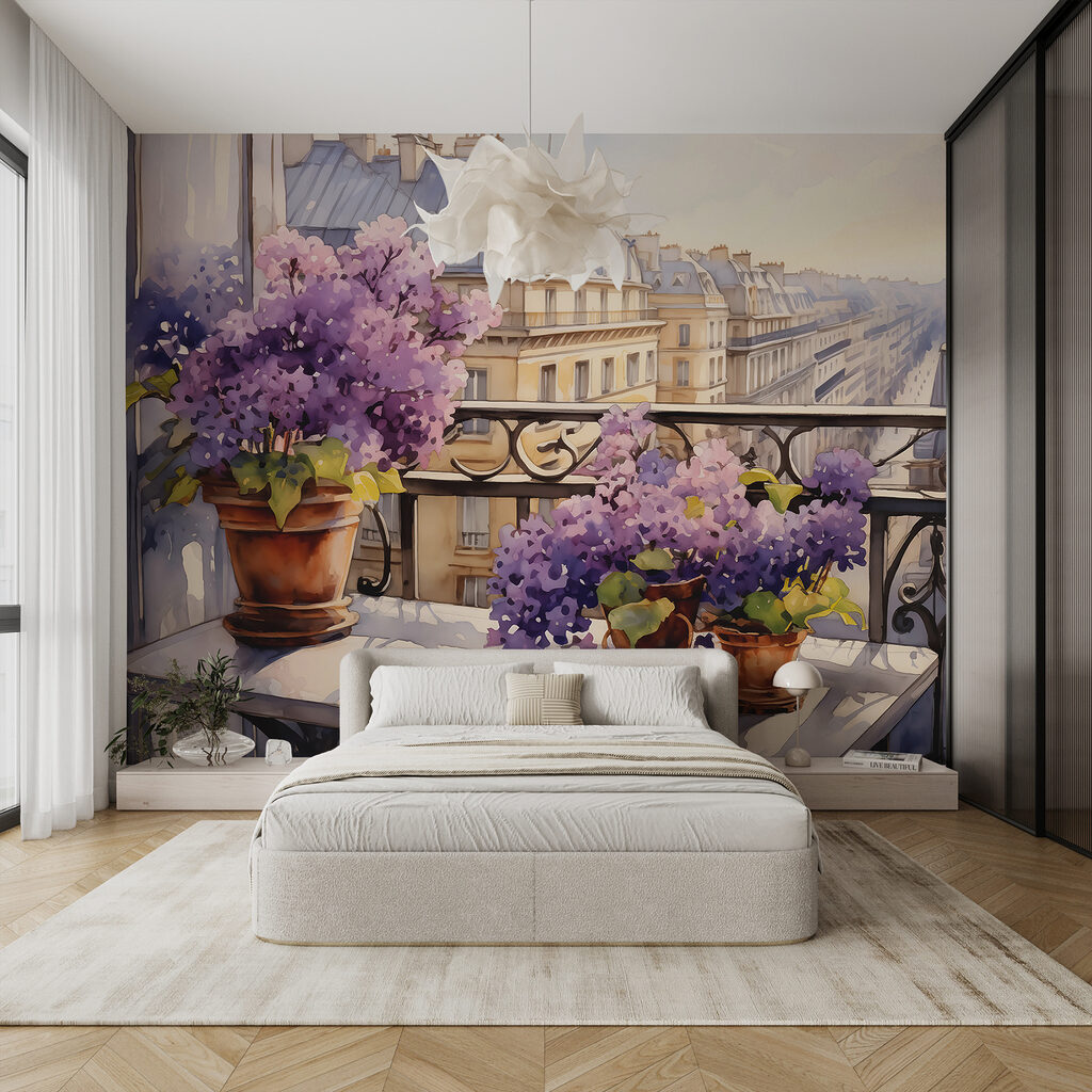 Painting of a balcony with purple flowers Painting of a balcony with purple flowers