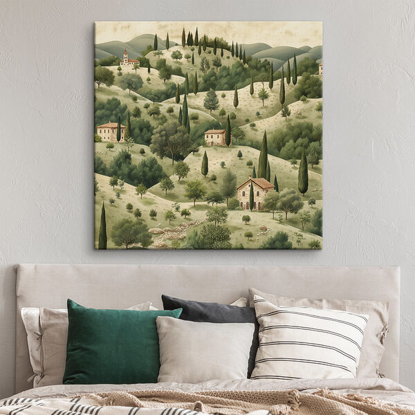 Painting of a landscape with houses and trees