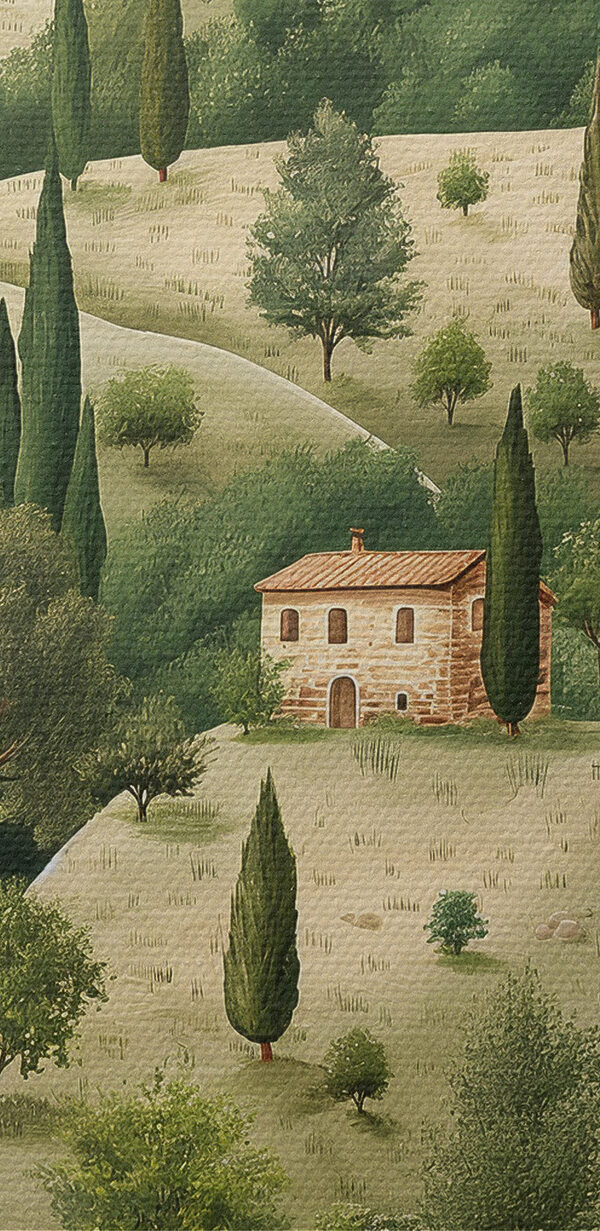 Painting of a landscape with houses and trees