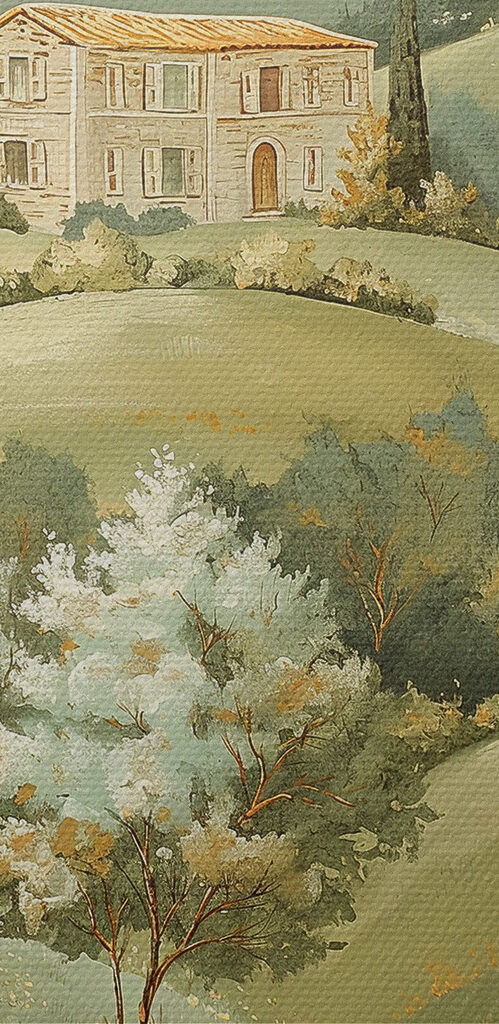 Painting of a house on a hill