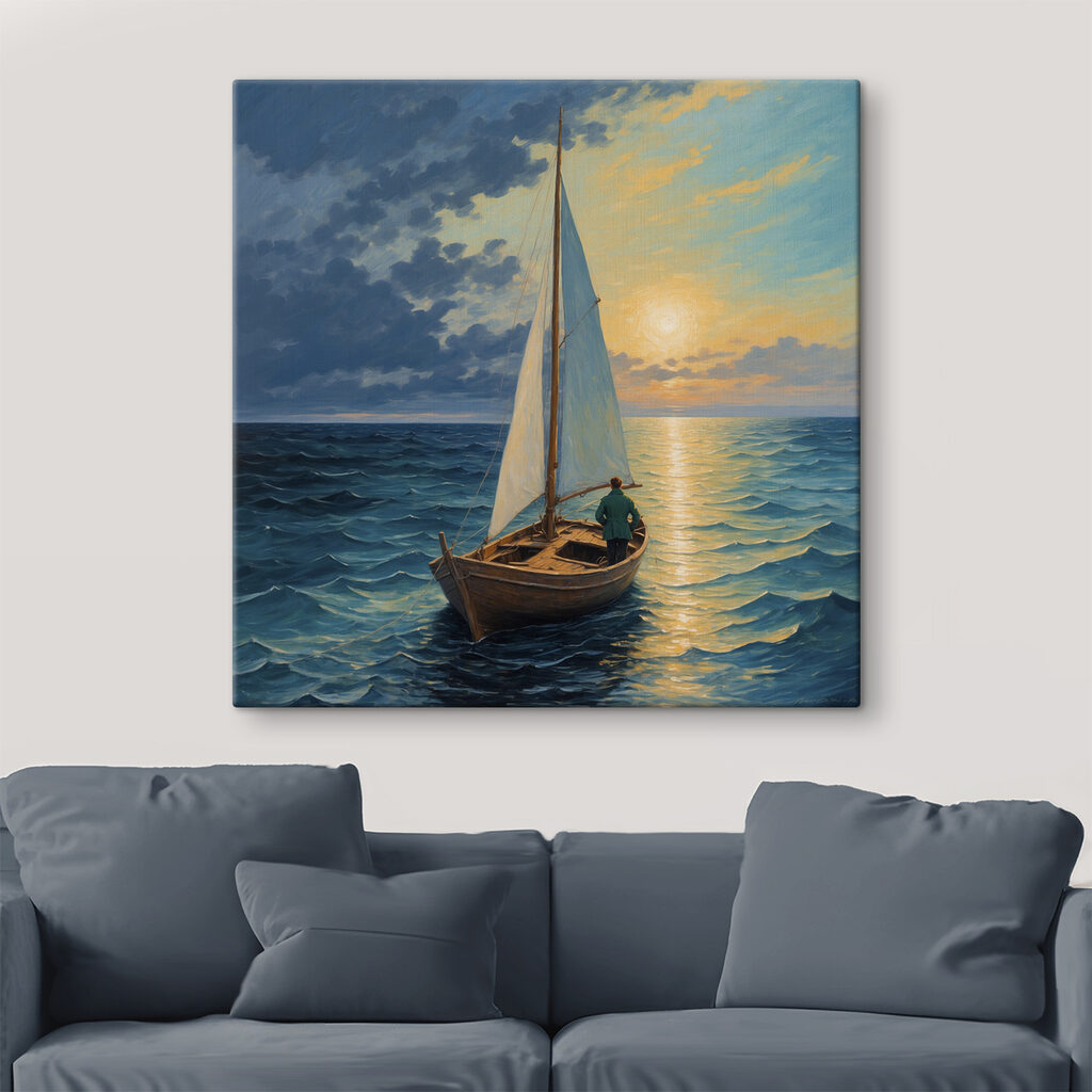 Painting of a man in a boat in the ocean Painting of a man in a boat in the ocean