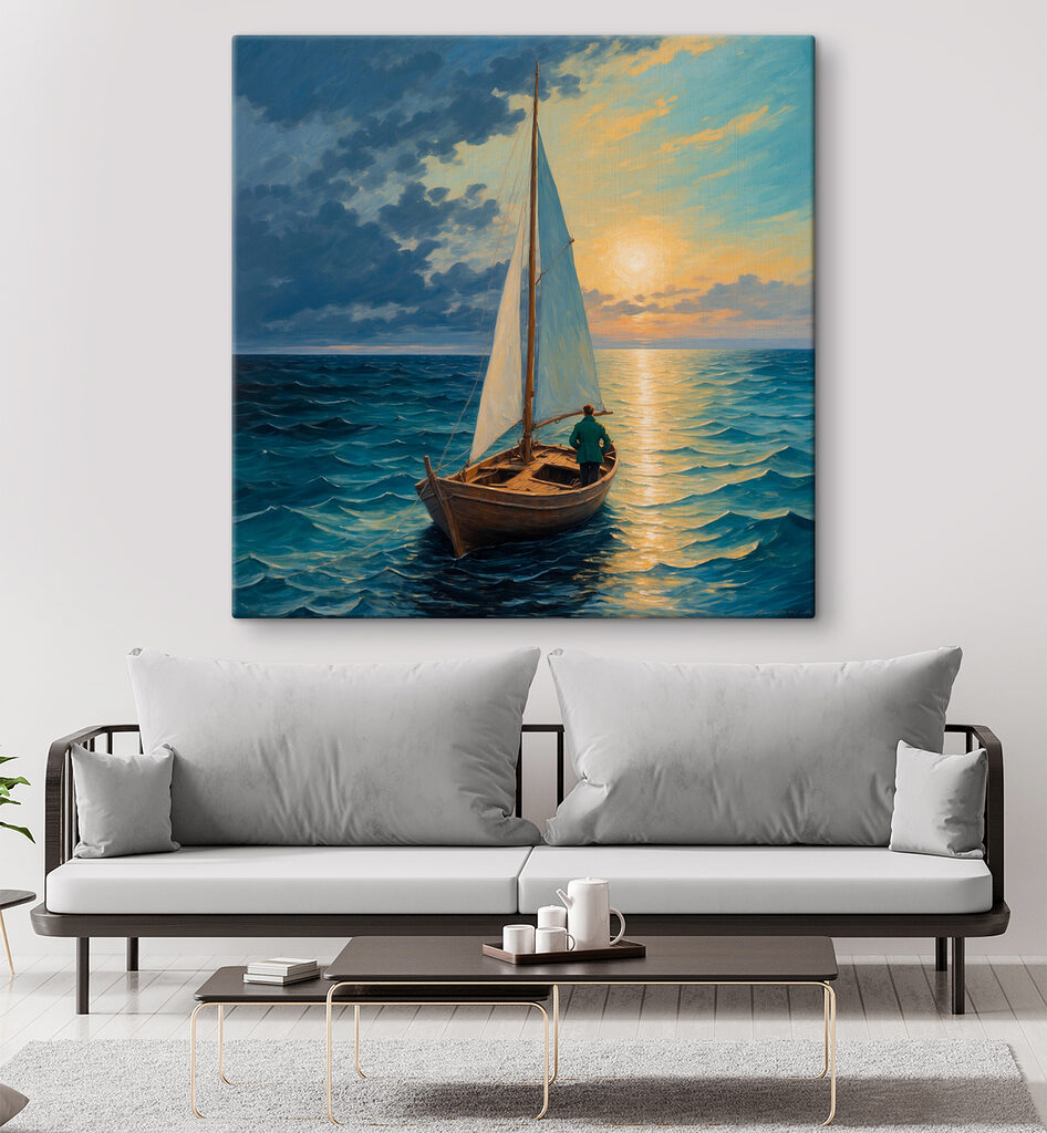 Painting of a man in a boat in the ocean Painting of a man in a boat in the ocean