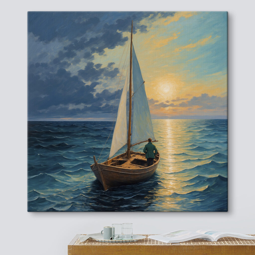 Painting of a man in a boat in the ocean Painting of a man in a boat in the ocean