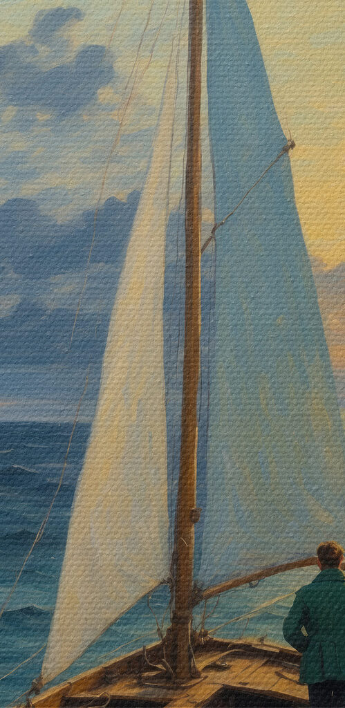 Painting of a man in a boat in the ocean Painting of a man in a boat in the ocean