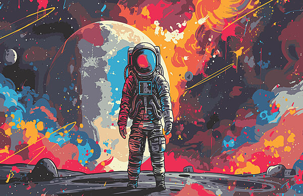 Astronaut vo vesmíre s veľkým červeným a oranžovým priestorom za ním Astronaut vo vesmíre s veľkým červeným a oranžovým priestorom za ním
