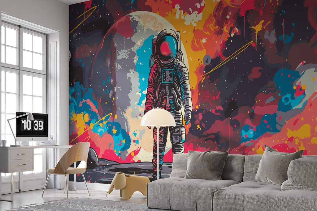 Astronaut in space with a large red and orange space behind him