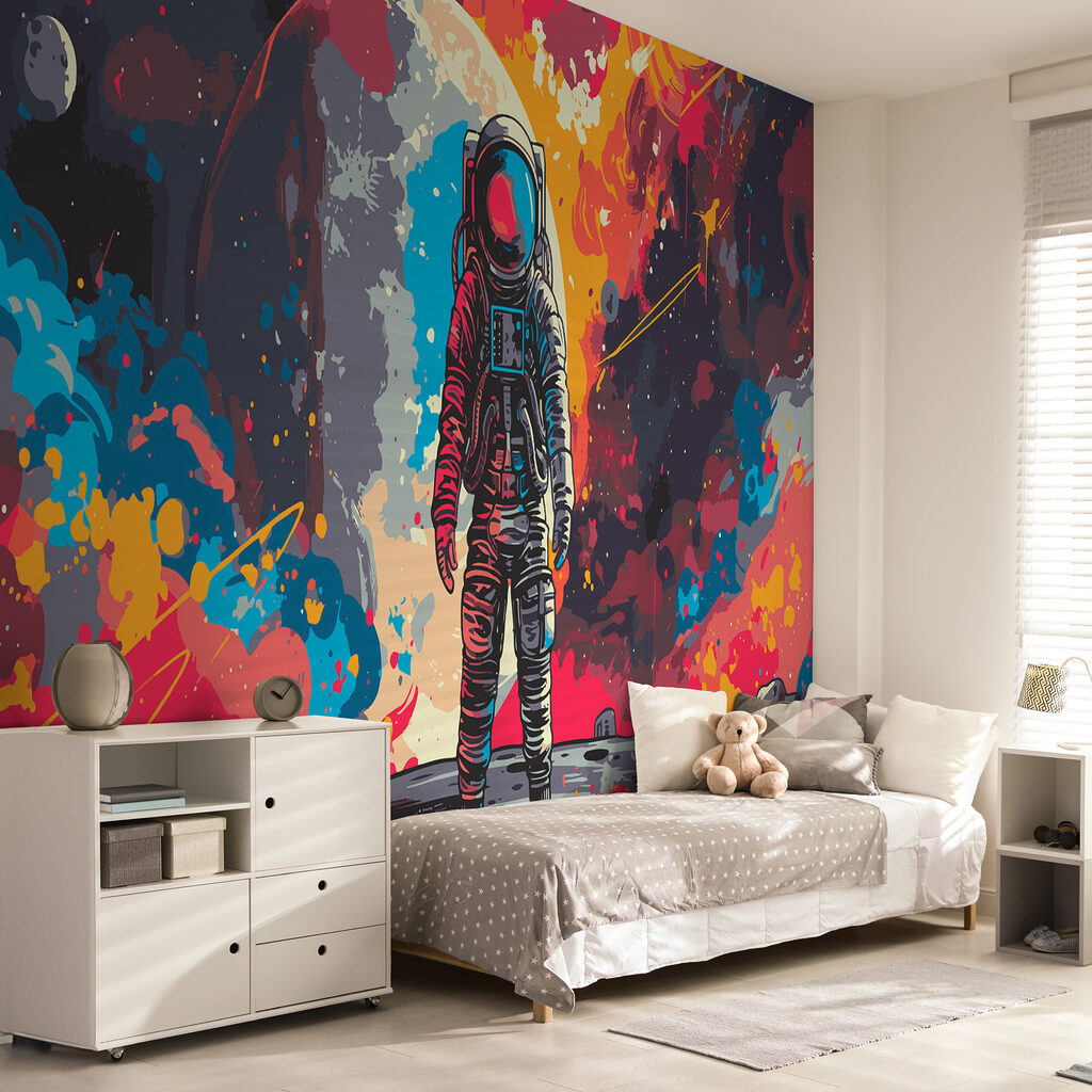 Astronaut in space with a large red and orange space behind him