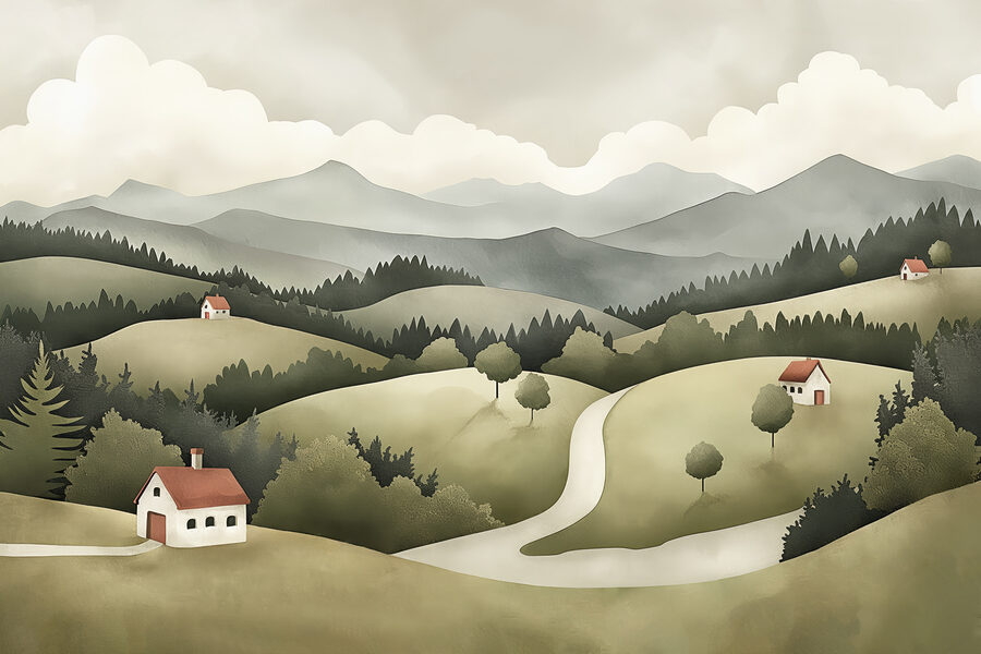 Krajina s domami a stromami