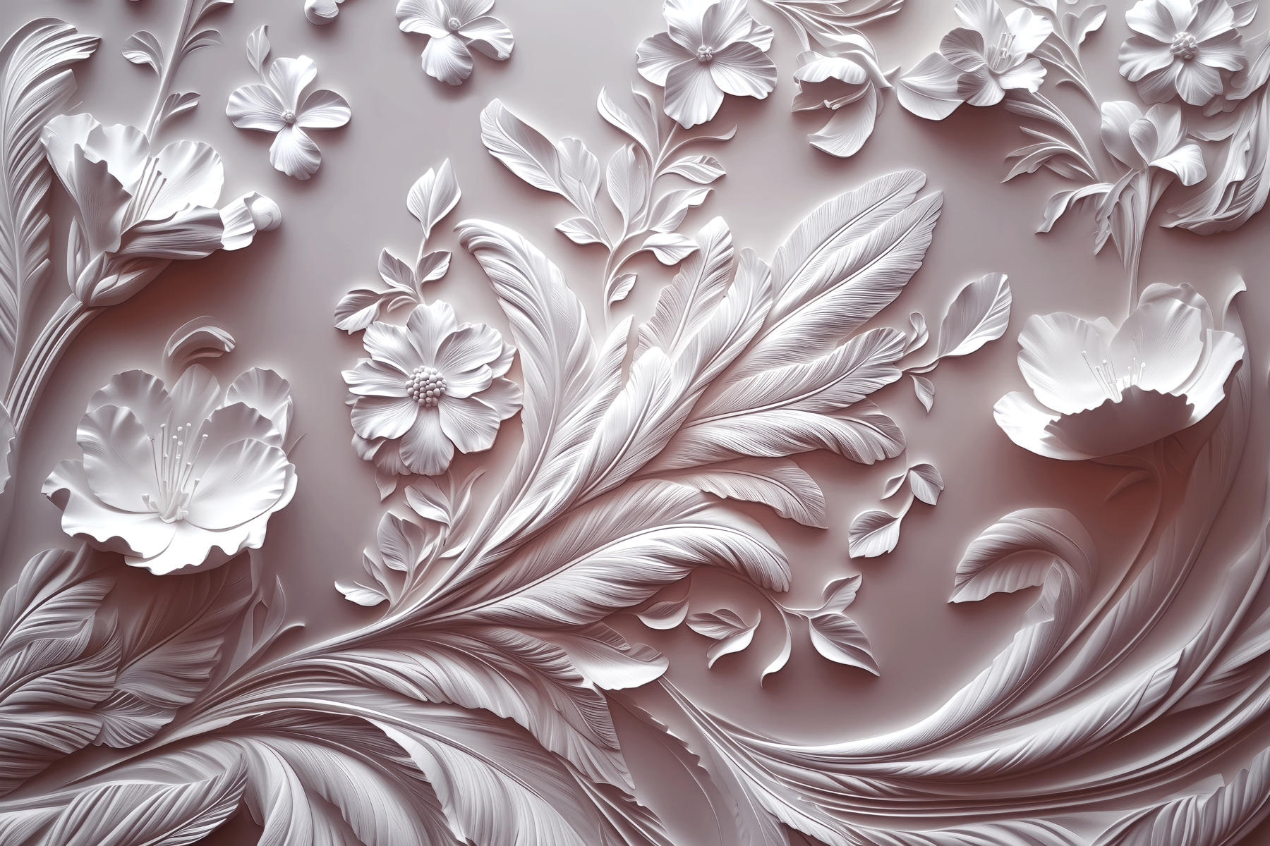 White wall with flowers and leaves