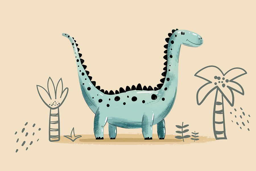 Kreslený dinosaurus s rastlinami a listami