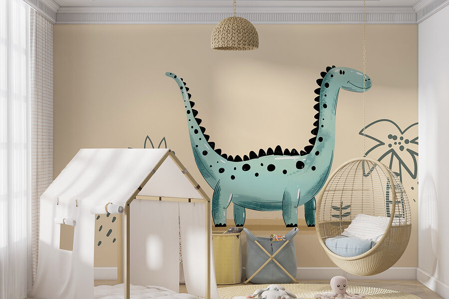 Kreslený dinosaurus s rastlinami a listami