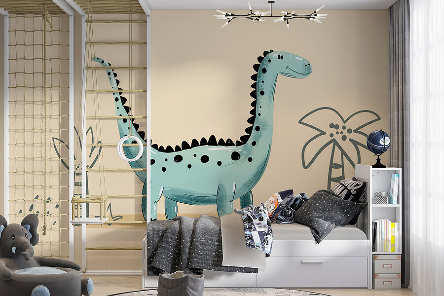 Kreslený dinosaurus s rastlinami a listami