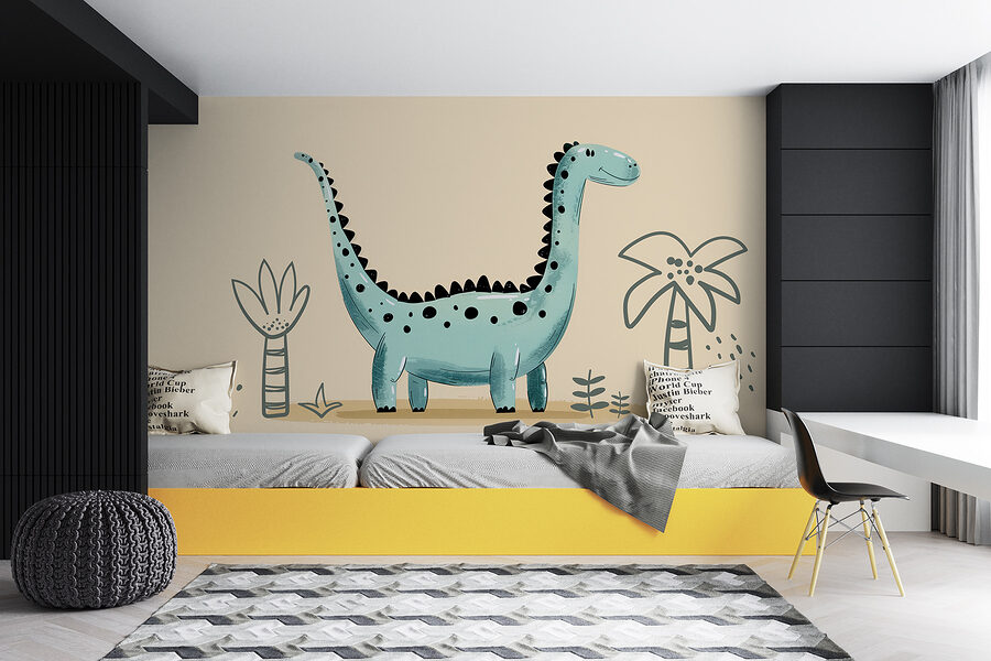 Kreslený dinosaurus s rastlinami a listami