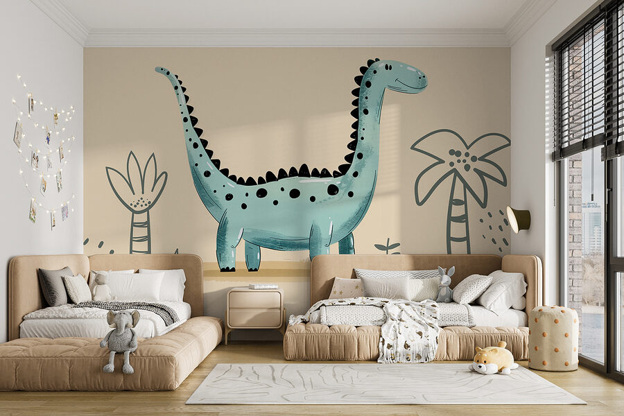 Kreslený dinosaurus s rastlinami a listami
