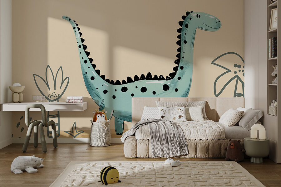 Kreslený dinosaurus s rastlinami a listami