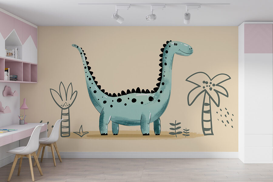 Kreslený dinosaurus s rastlinami a listami