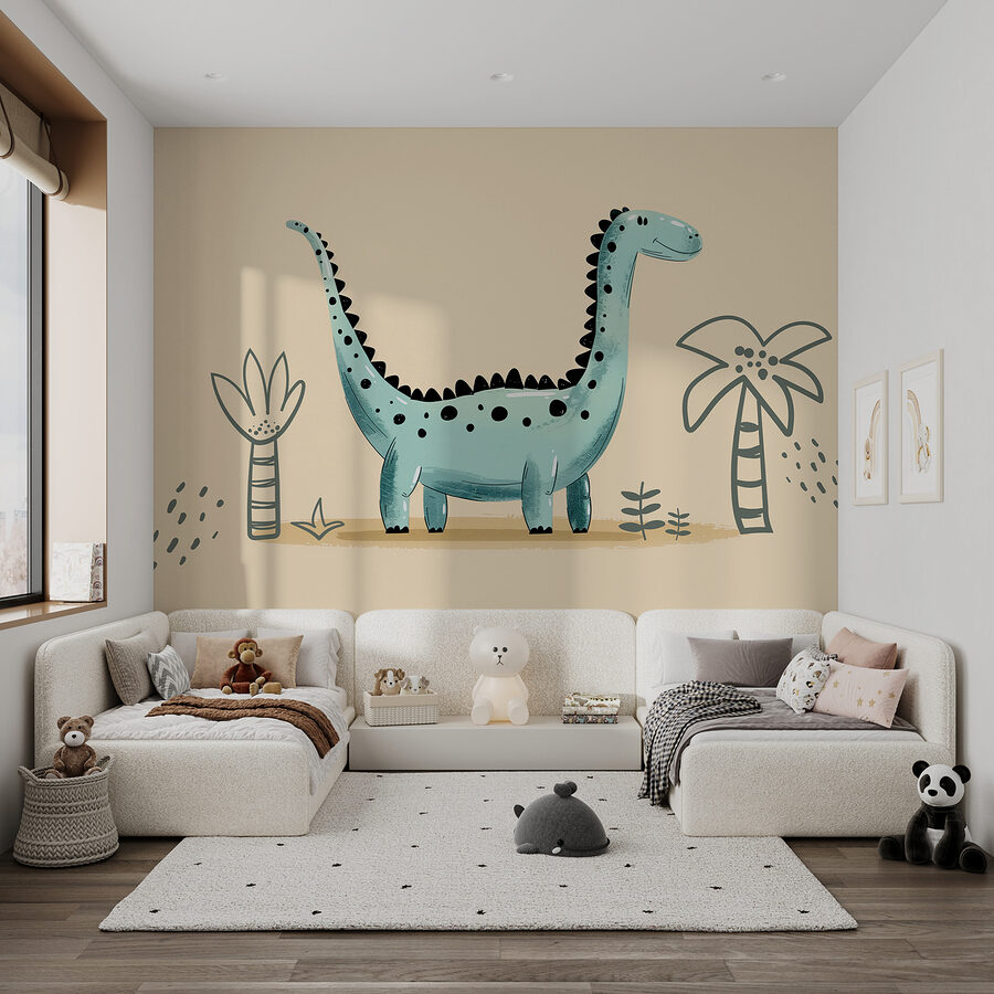 Kreslený dinosaurus s rastlinami a listami